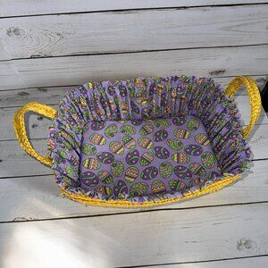 Yellow Woven Easter Basket With Handles Fixed Fabric Liner W Colorful Egg Print